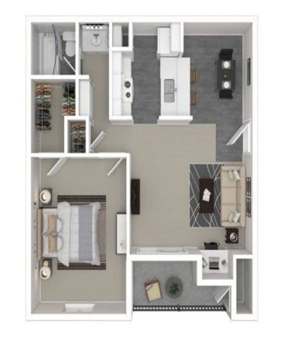 A floor plan of a small apartment with a kitchen, living room, and bathroom.