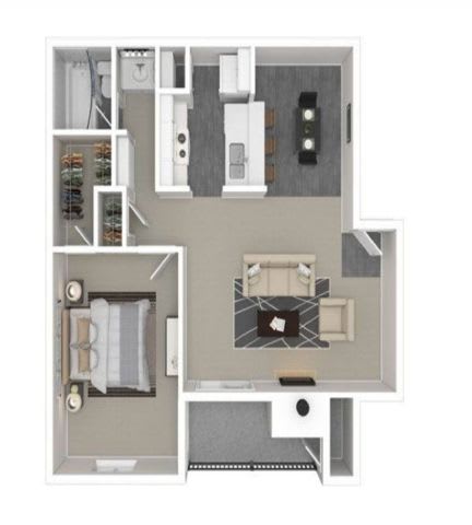 A floor plan of a small apartment with a kitchen, living room, and bathroom.