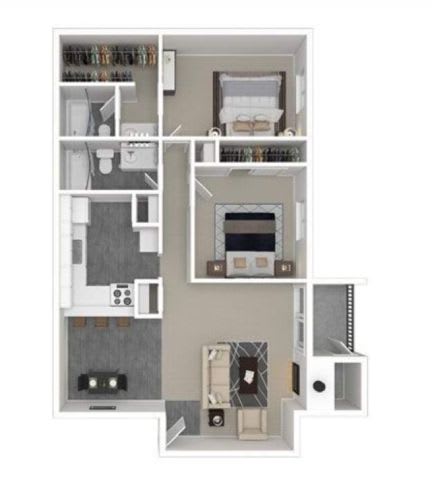 A floor plan of a small apartment with a kitchen, living room, and bathroom.