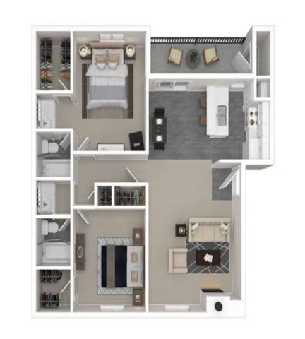 A floor plan of a small apartment with a kitchen, living room, and bedrooms.