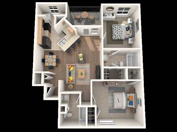 A 3D floor plan of a small apartment with a kitchen, living room, and bedrooms.