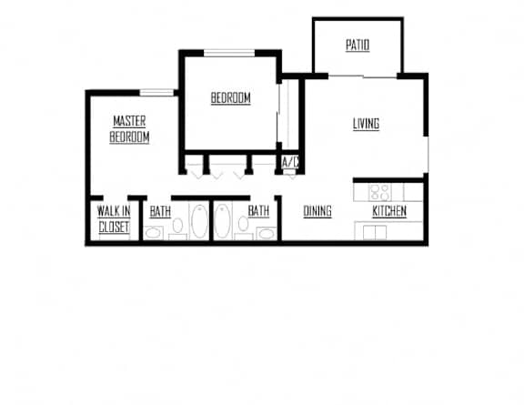 Two bedroom two bath floorplan with patio at Peaks at Live Oak Apartments, San Antonio