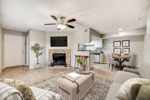A living room with a fireplace and a television.