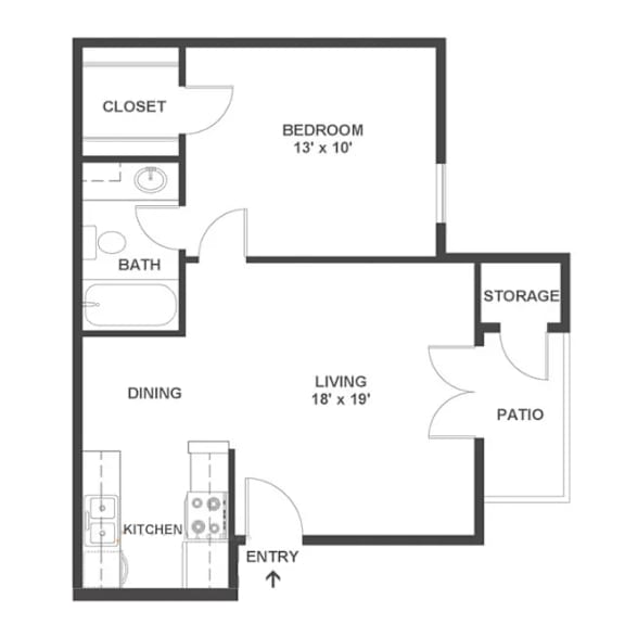 Floor Plan  A floor plan of a small apartment with a bedroom, living room, kitchen, and bathroom.