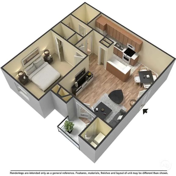 Floor Plan  A 3D floor plan of a small apartment with a kitchen, living room, and bathroom.