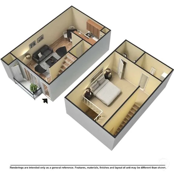 Floor Plan  A 3D image of a split-level apartment with a kitchen, living room, and bedroom.