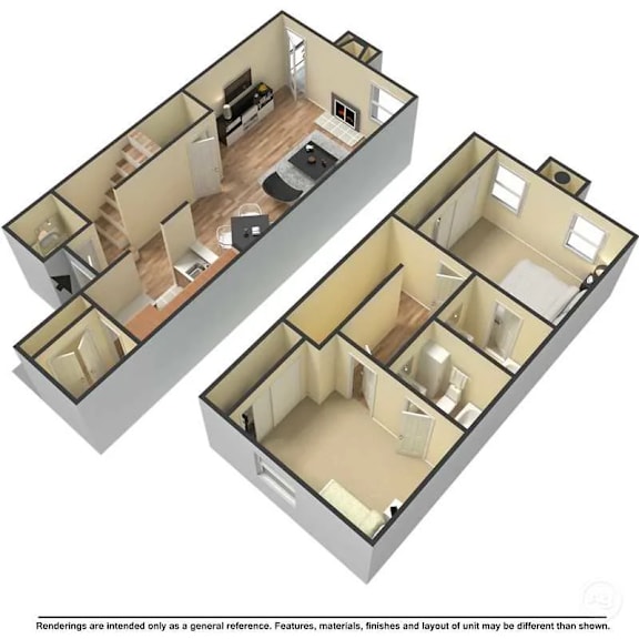 Floor Plan  A 3D floor plan of a two-bedroom apartment.