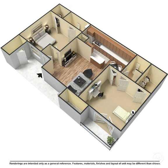Floor Plan  A 3D floor plan of a house with a kitchen, living room, and bedrooms.