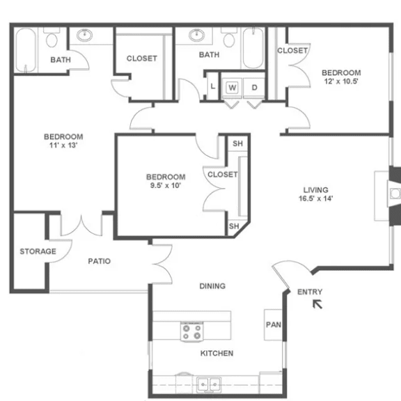 Floor Plan  A black and white image of a floor plan for a house.