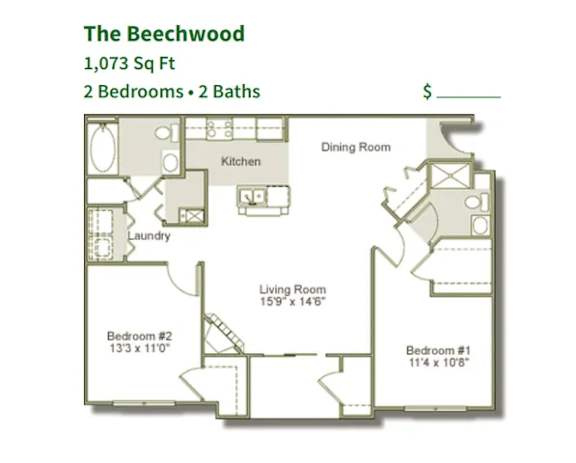 A floor plan for a 1,073 square foot home with two bedrooms and two bathrooms.
