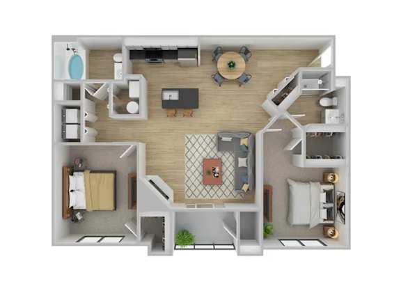 A top-down view of a small apartment layout with a kitchen, living room, and bedroom.
