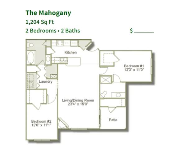 A floor plan for a 1,204 square foot home with two bedrooms and two baths.