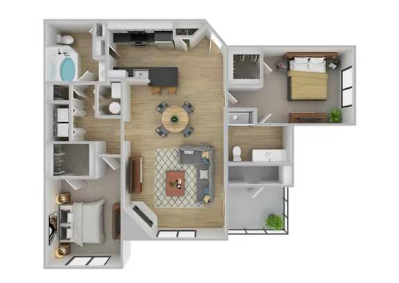 A 3D floor plan of a house showing a kitchen, living room, dining room, and bedrooms.