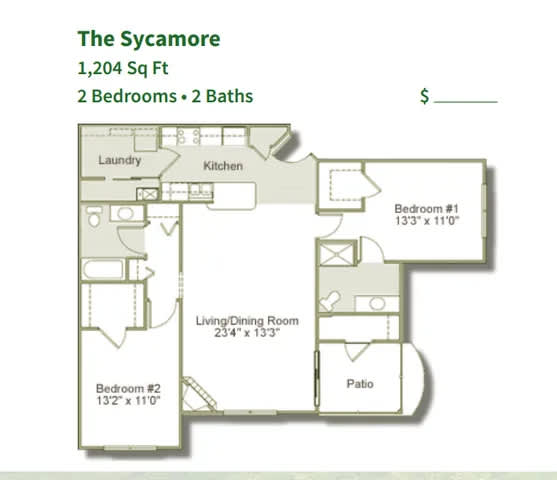 A floor plan for a 1,204 square foot home with two bedrooms and two baths.