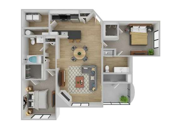 A top-down view of a small apartment layout with a living room, kitchen, and bedroom.