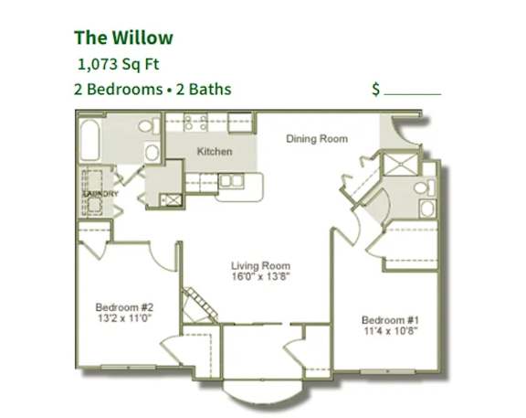 A floor plan for a 1,073 square foot home with two bedrooms and two baths.