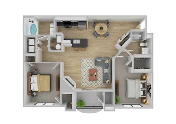 Floor Plan  A top-down view of a house layout with a kitchen, living room, and bathroom.