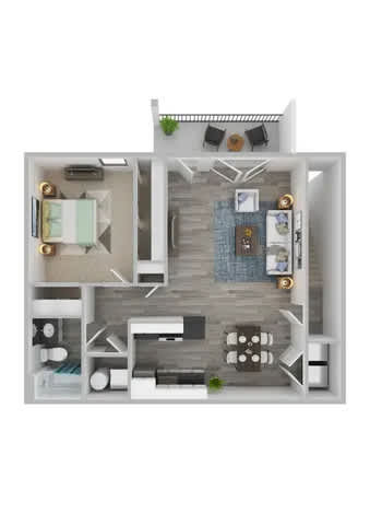 A 3D floor plan of a house with a kitchen, living room, and bathroom.