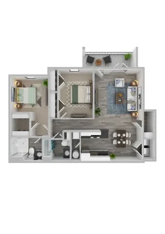 A 3D floor plan of a house with a kitchen, living room, and bathroom.