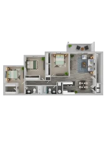 A floor plan of a house with a kitchen, living room, and two bedrooms.