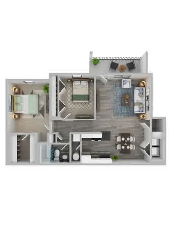 A 3D floor plan of a house with a kitchen, living room, and two bedrooms.