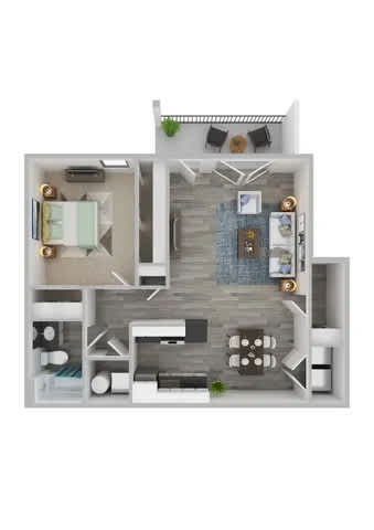 A 3D floor plan of a house with a kitchen, living room, and bathroom.