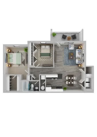 A 3D floor plan of a house with a kitchen, living room, and two bedrooms.