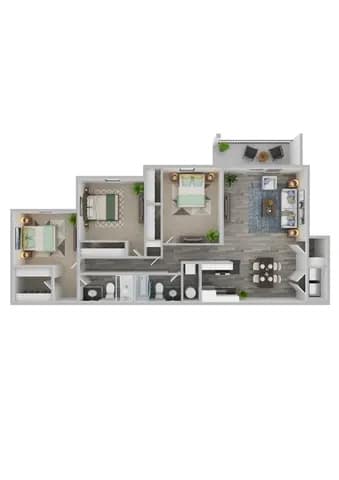 A floor plan of a house with two bedrooms, a living room, a kitchen, and a bathroom.