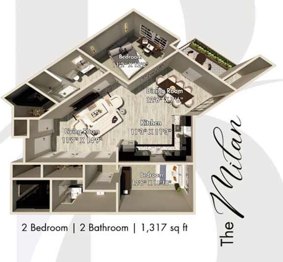 Floor Plan  A floor plan for a two bedroom, two bathroom apartment sized at 1,317 square feet.