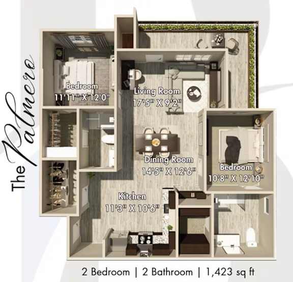 Floor Plan  A floor plan of a two bedroom apartment with two bathrooms and a living room.