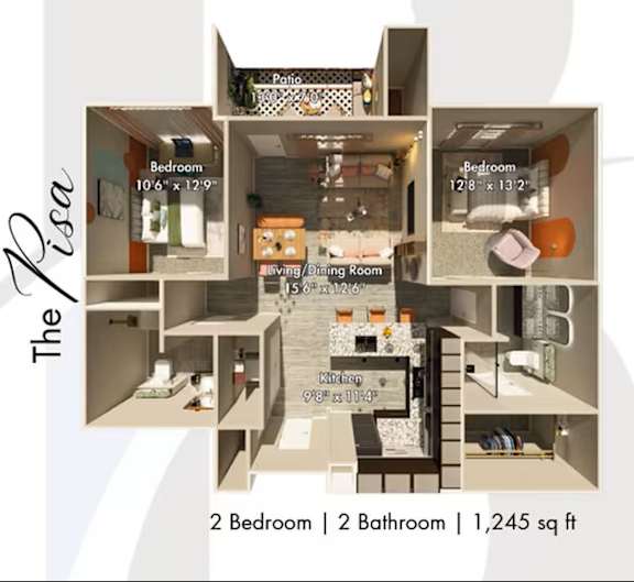 Floor Plan  A diagram of a two bedroom, two bathroom apartment sized at 1,245 square feet.