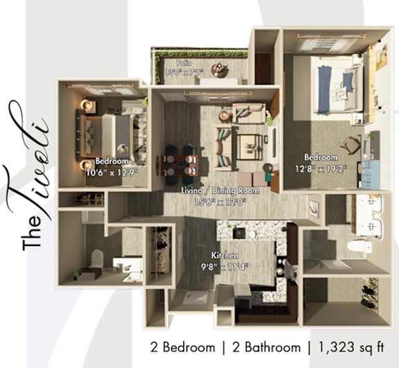 Floor Plan  A floor plan of a two bedroom, two bathroom apartment totaling 1,323 square feet.