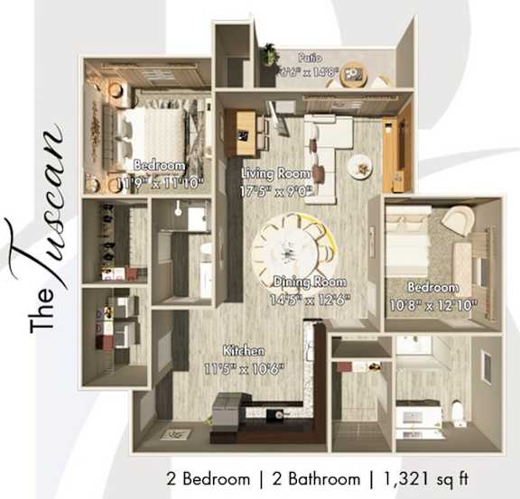 Floor Plan  A floor plan of a two bedroom apartment with a total area of 1,321 square feet.
