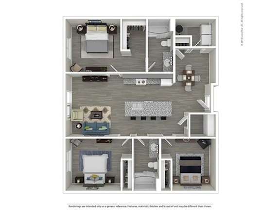 A floor plan of a house with three bedrooms, a living room, a kitchen, and a bathroom.
