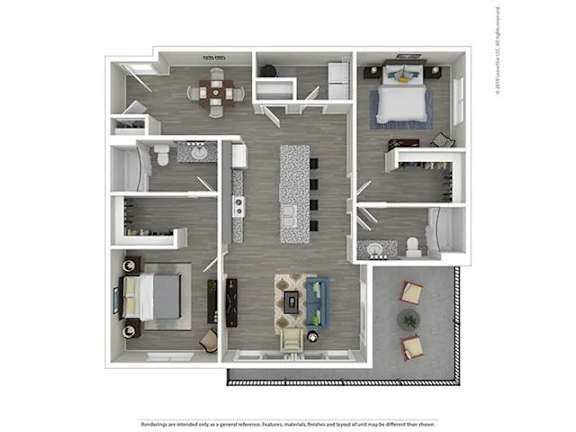 A floor plan of a house with a kitchen, living room, and two bedrooms.