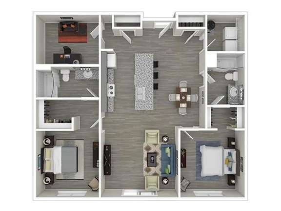A floor plan of a small apartment with a kitchen, living room, and bedrooms.