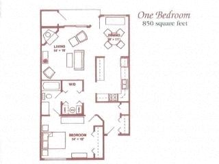 A floor plan of a one bedroom apartment sized at 850 square feet.