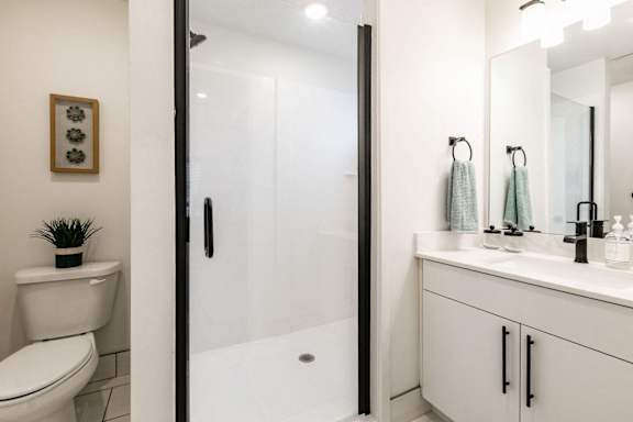 a bathroom with a shower and a sink and a toilet