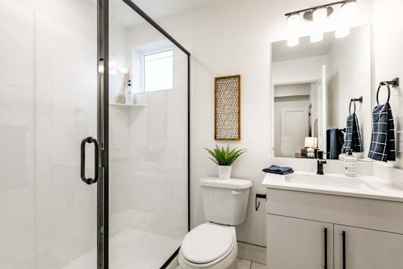 a bathroom with a shower and a toilet and a sink