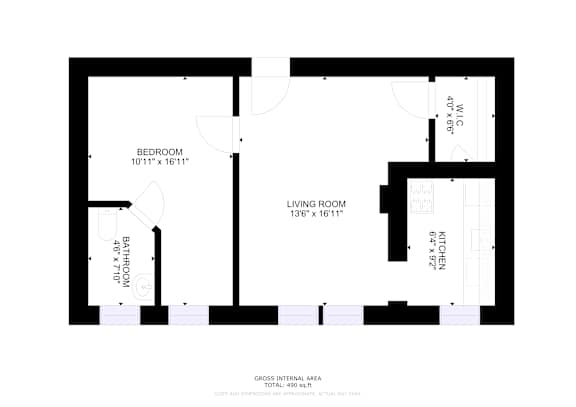 A floor plan of a house with a living room, bedroom, and bathroom.