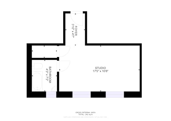 A floor plan of a studio apartment with a bathroom, a closet, and a studio space.
