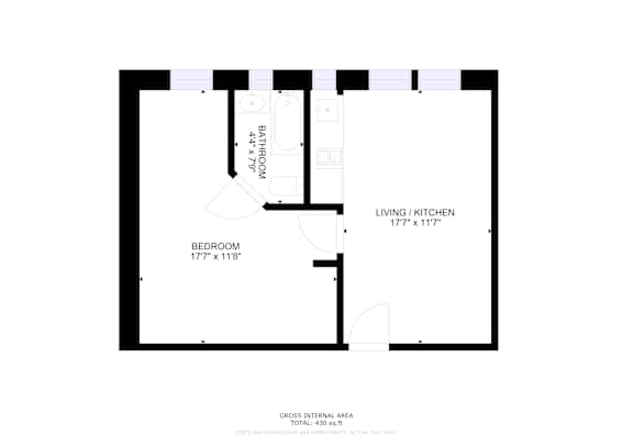 A floor plan of a small apartment with a living room, kitchen, and bedroom.