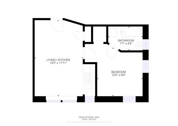 A floor plan of a house with a living/kitchen area, bathroom, and bedroom.