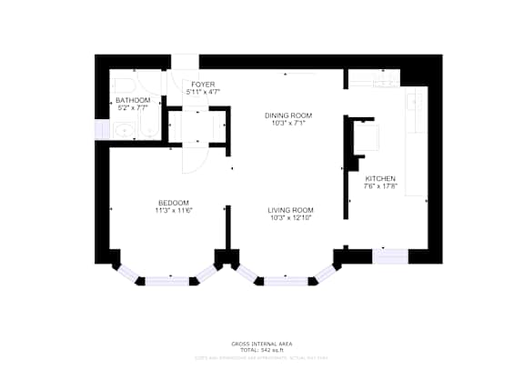 A floor plan of a house with a living room, dining room, kitchen, bedroom and bathroom.