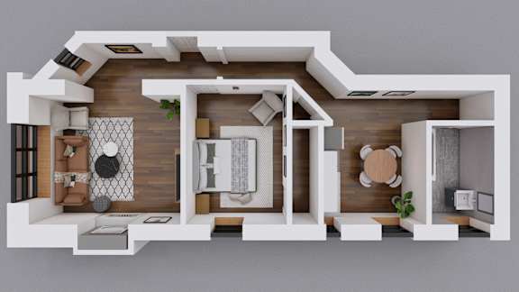 A top-down view of a modern, minimalist apartment layout.