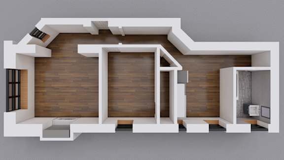A 3D rendered image of a modern house interior.