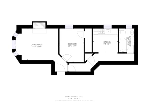 A black and white image of a floor plan for a home with a living room, kitchen, and bedroom.