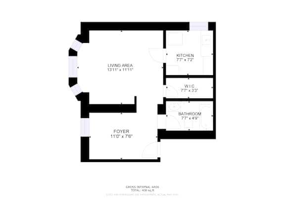 A floor plan of a house with a living area, kitchen, W.I.C, and bathroom.