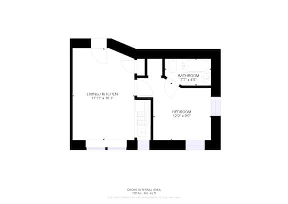 A floor plan of a small apartment with a living/kitchen area, bathroom, and bedroom.
