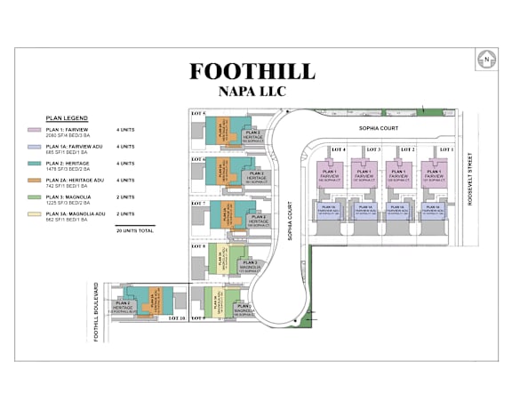 A map of the Foothill Napa LLC property with various plans and units labeled.